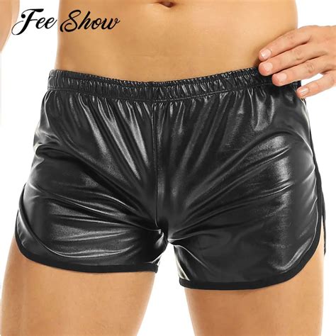 Men S Shiny Faux Leather Hot Boxer Short Pants With A Back Pocket Fashion Black Elastic
