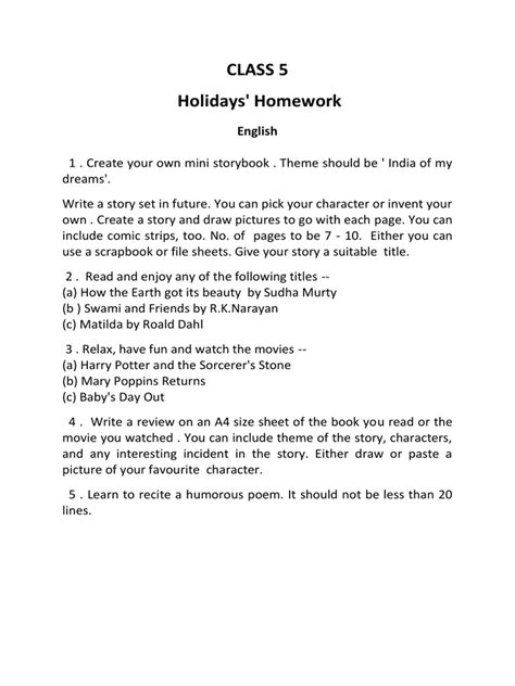 Class 5 Holidays Homework Pdf Pdf