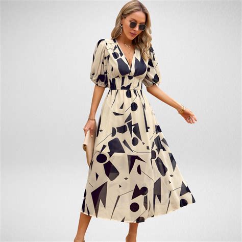 Abby™️ Elegant Vibrant Pattern V Neck Dress Standard Habitat