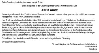 Traueranzeigen von Alwin Arndt Schwarzwälder Bote Trauer