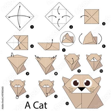 Step By Step Instructions How To Make Origami A Cat Stock Vector