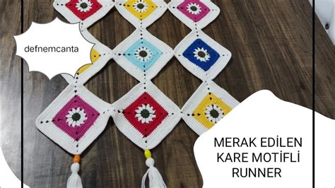 MERAKLA BEKLENEN RENKLİ KARE MOTİFLİ RUNNER TARİFİ elemegi örgü ip