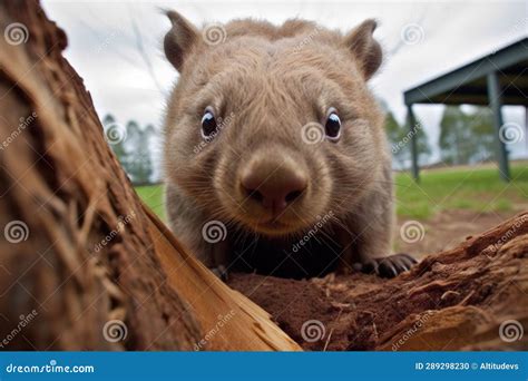 Wombat Looking Curiously At The Camera From Its Burrow Stock Photo