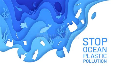 Stop Ocean Plastic Pollution Vector Paper Art Poster Banner Template