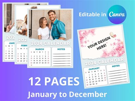 2024 Fully Editable Calendar Canva Template Frame Bundle Instant