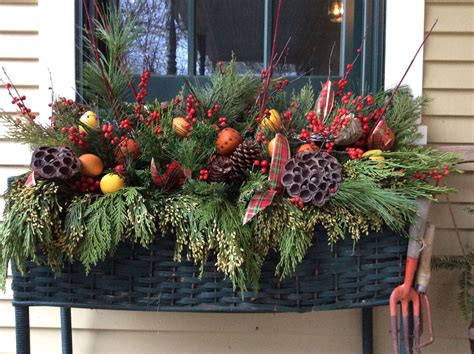 Winter Planter With Natural Greens And Fruit Christmas Window Boxes Christmas Planters