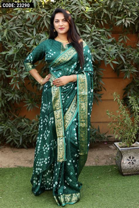 Green Color Bandhej Silk Saree With Zari Weaving Work