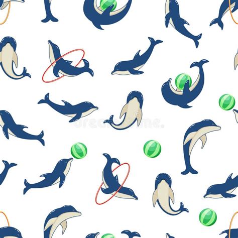 Seamless Pattern Dolphins In Different Poses Vector Illustration Of