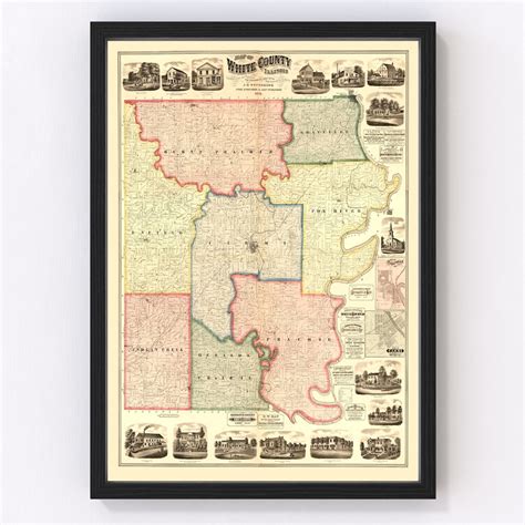 White County Illinois Map 1871 Old Map of White County Illinois Art Vintage Print Framed Canvas ...