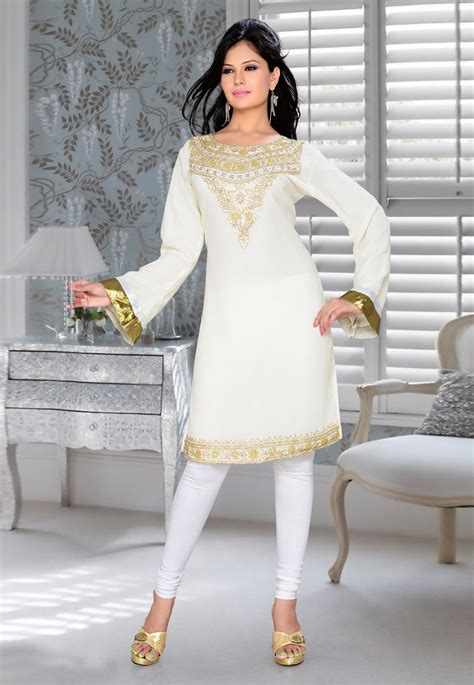 Off White Faux Georgette Embroidered Readymade Islamic Kurti 194312