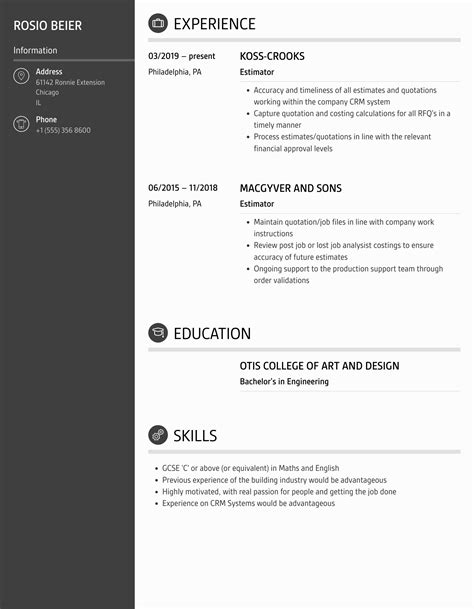 Estimator Resume Samples Velvet Jobs