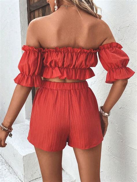 Shein Vcay Off Shoulder Ruffle Trim Crop Top And Shorts Shein Usa