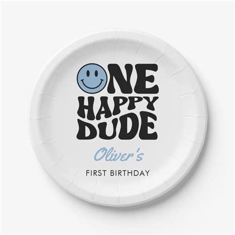 One Happy Dude Blue Retro Happy Face 1st Birthday Paper Plates Zazzle