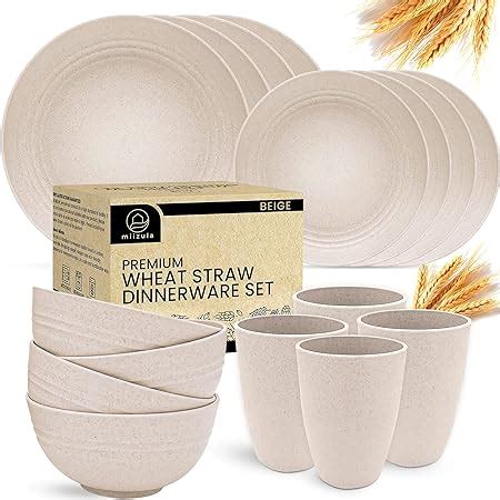 Miizula Premium Wheat Straw Dinnerware Set 16 Piece Beige Unbreakable