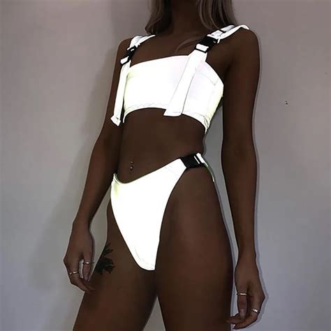 2019 Reflective Bikini Solid Silver Brazilian Biquini Two Piece Swimwear Bikini Sets School Bag