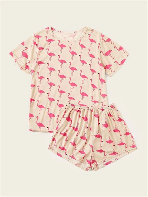 Flamingo Print Pajama Set Romwe Pajama Set Print Pajamas Satin