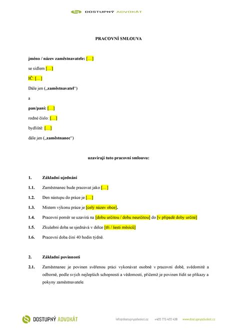 Pracovni Smlouva Vzor Pracovn Smlouva Jm No N Zev Zam Stnavatele