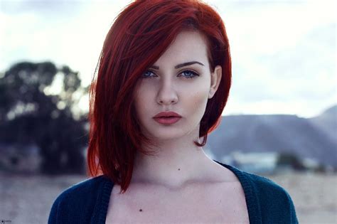 Long Hair Portrait Olga Naumova Redhead Face Red Lipstick Looking