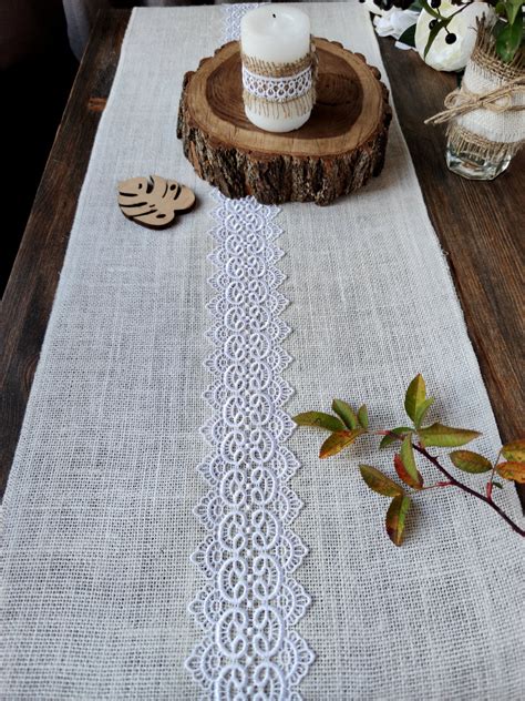 Ivory Burlap Table Runner With White Lace Burlap Runner For Etsy