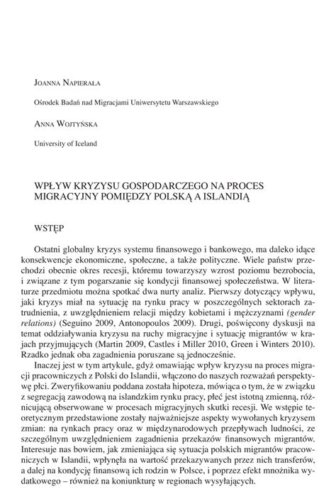 Pdf Wp Yw Kryzysu Gospodarczego Na Proces Migracyjny Pomi Dzy Polsk