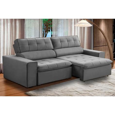 Sofa Lugares Retratil Reclinavel Libano M Veludo Cinza Shop Da