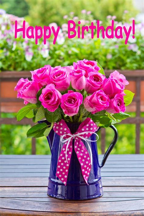 Photo about Bouquet of pink roses in a blue enamel jug with a bow of pink ribbon o… | Birthday ...