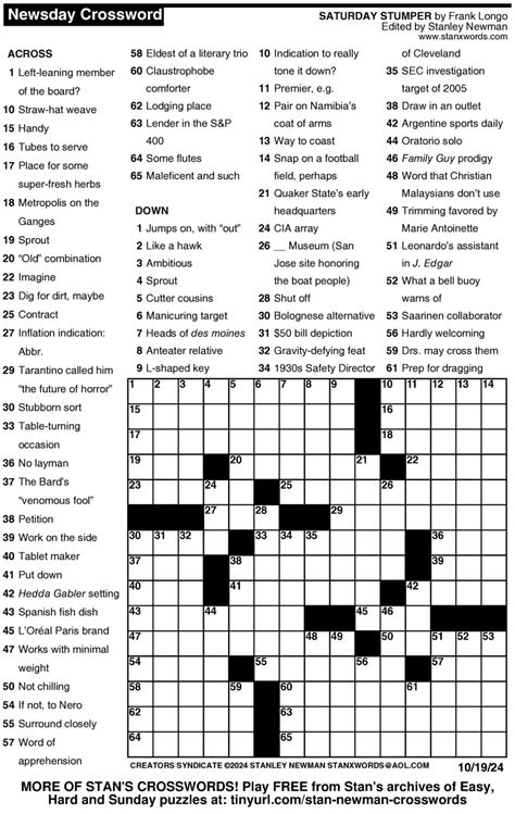 Newsday Crossword Puzzle For Oct By Stanley Newman Creators