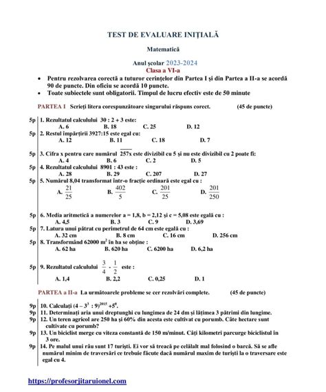 Teste Initiale Matematica Cu Rezolvari Bareme Gimnaziu 2023 2024