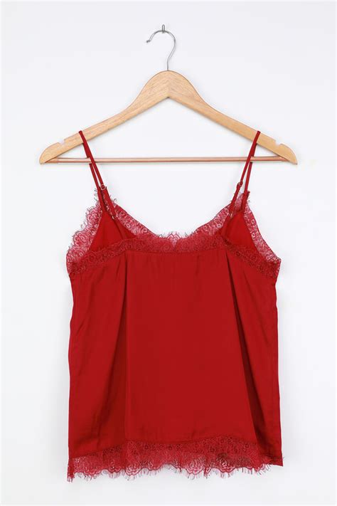 Chic Wine Red Satin Top Eyelash Lace Cami Top Lace Satin Cami Lulus