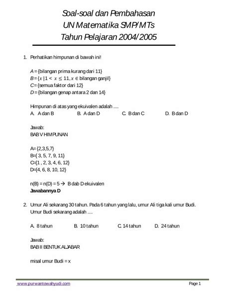 Pdf Soal Soal Dan Pembahasan Un Matematika Smp Mts Dan Pembaha