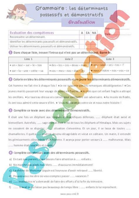 Les D Terminants Possessifs Et D Monstratifs Valuation De Grammaire