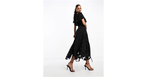 Asos V Front V Back Ruffle Midi Dress With Flutter Sleeve And Tie Back In Black Lyst