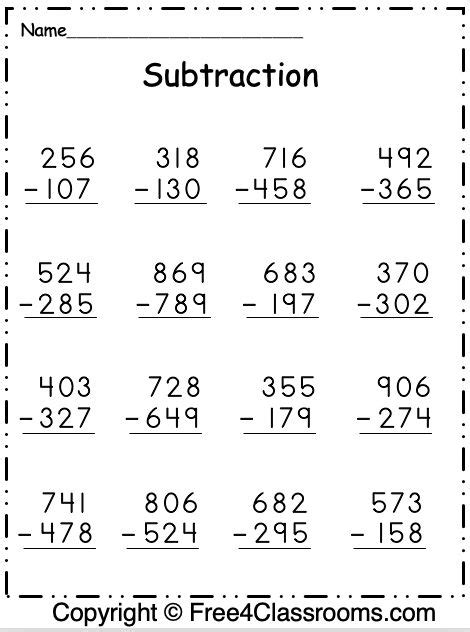 Free Subtraction Worksheets 3 Digit With Regrouping