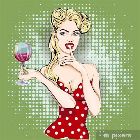 Poster Shhh Pop Art Woman Face With Finger On Her Lips And Glass Of