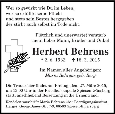 Traueranzeigen Von Herbert Behrens Saarbruecker Zeitung Trauer De