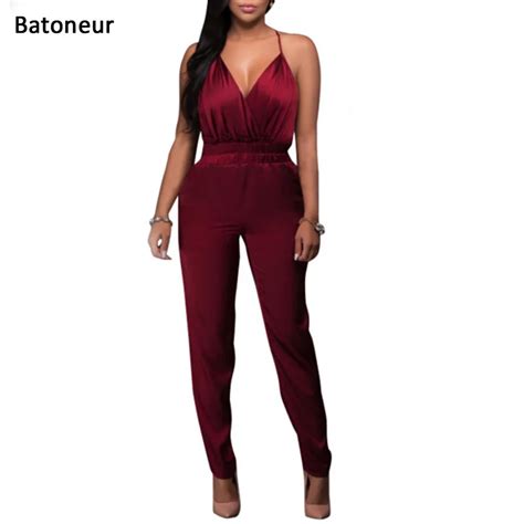 Batoneur Sleeveless V Neck Wine Red Jumpsuit Romper Women 2017