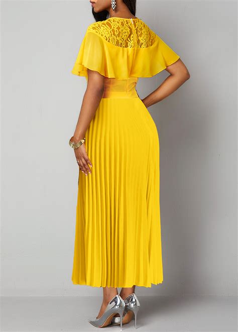 ROTITA Lace Yellow Round Neck Short Sleeve Maxi Dress Rotita