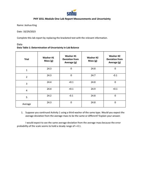 Phy L Module One Lab Report Measurements And Uncertainty Data Data