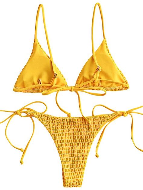 Emmiol Free Shipping Smocked Triangle Bikini Set Yellow L In