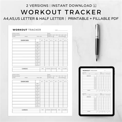 Workout Tracker Printable Daily Exercise Log Fitness Journal Workout