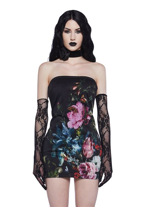 Widow Goth Floral Strapless Twill Mini Dress Black Dolls Kill