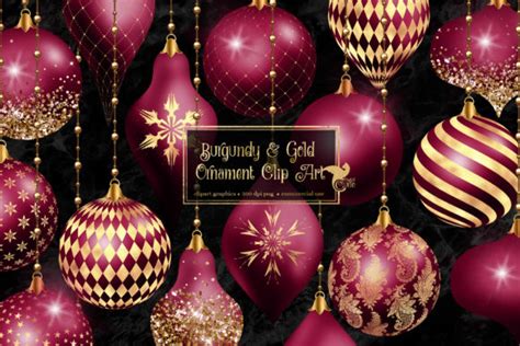 Burgundy And Gold Christmas Ornaments Graphic By Digital Curio