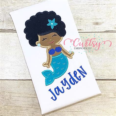 Afro Mermaid Applique Design Curtsy Embroidery