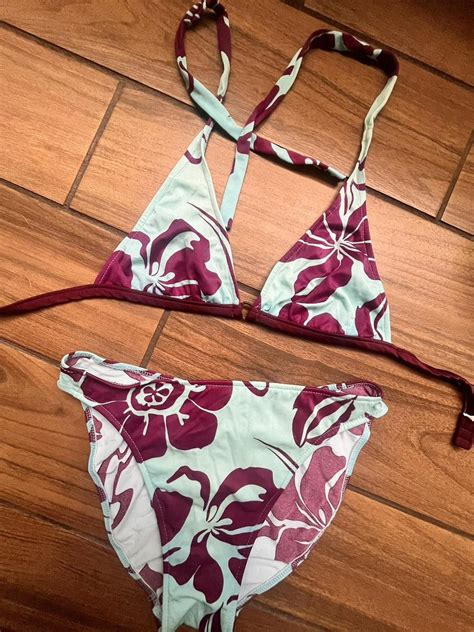 Vintage Bikini Blue And Purple Hibiscus Bikini Set Depop