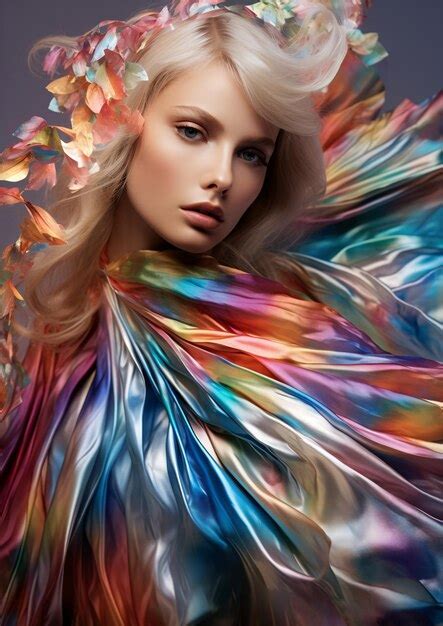 Premium Ai Image Rainbow Metallic Wearing On Beautiful Woman For A