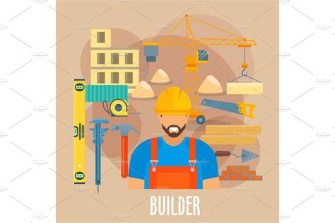 Builder worker with building work tools poster | Illustrations ~ Creative Market