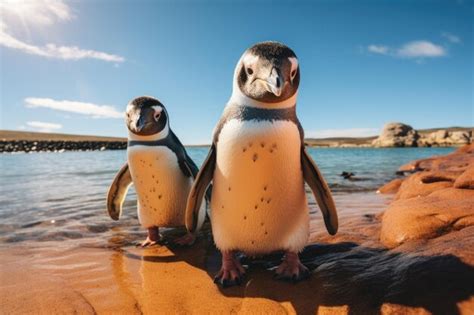 Premium Ai Image Two Penguin Standing On Shore