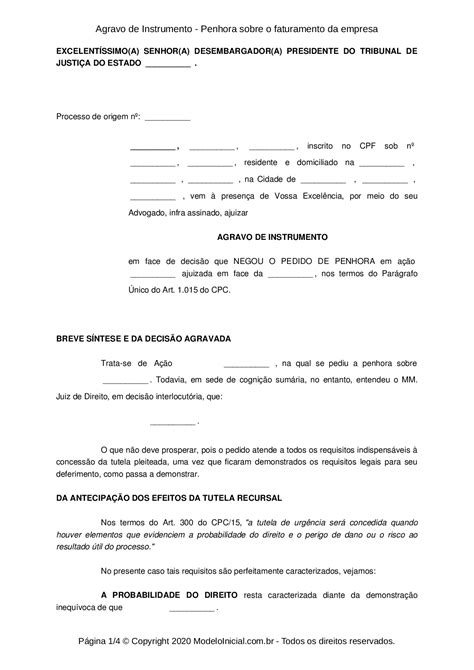 Modelo Agravo De Instrumento Penhora Sobre O Faturamento Da Empresa