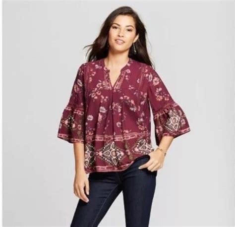 Knox Rose Womens Floral Print Bell Sleeve Top Merlot Sz Xxl Ebay