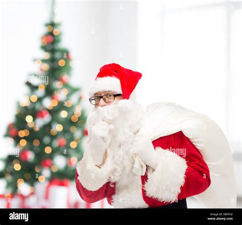 Man In Costume Of Santa Claus With Bag Stock Photo Alamy